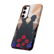 Load image into Gallery viewer, Phone case with an Australian and New Zealand soldier back to back with light-horsemen in the background and poppies in the foreground