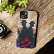 Load image into Gallery viewer, Phone case with an Australian and New Zealand soldier back to back with light-horsemen in the background and poppies in the foreground