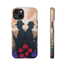 Load image into Gallery viewer, Phone case with an Australian and New Zealand soldier back to back with light-horsemen in the background and poppies in the foreground