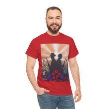 Load image into Gallery viewer, T-shirt with an Australian and New Zealand soldier back to back with light-horsemen in the background and poppies in the foreground