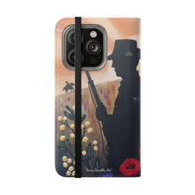 Load image into Gallery viewer, Phone case wallet with an Australian and New Zealand soldier back to back with light-horsemen in the background and poppies in the foreground