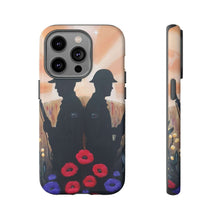 Load image into Gallery viewer, Phone case with an Australian and New Zealand soldier back to back with light-horsemen in the background and poppies in the foreground
