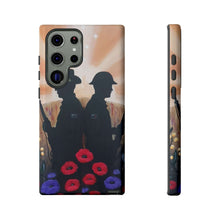 Load image into Gallery viewer, Phone case with an Australian and New Zealand soldier back to back with light-horsemen in the background and poppies in the foreground