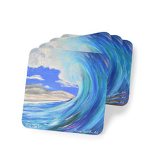 Load image into Gallery viewer, Corkwood underside, glossy finish on top. 1 or 4 pc sets. 9.5 x 9.5cm. Wave crashing at a beach