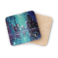 Load image into Gallery viewer, Corkwood underside, glossy finish on top. Available in 1 or 4 pc sets. 9.5 x 9.5cm. Impressionistic city w/ water reflections