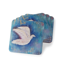 Load image into Gallery viewer, Corkwood underside, glossy finish on top. 1 or 4 pc sets. 9.5 x 9.5cm. White bird / dove flying over an abstract background