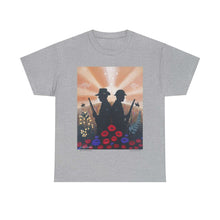 Load image into Gallery viewer, T-shirt with an Australian and New Zealand soldier back to back with light-horsemen in the background and poppies in the foreground