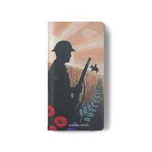 Load image into Gallery viewer, Phone case wallet with an Australian and New Zealand soldier back to back with light-horsemen in the background and poppies in the foreground
