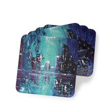 Load image into Gallery viewer, Corkwood underside, glossy finish on top. Available in 1 or 4 pc sets. 9.5 x 9.5cm. Impressionistic city w/ water reflections
