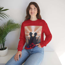 Load image into Gallery viewer, Sweatshirt with an Australian and New Zealand soldier back to back with light-horsemen in the background and poppies in the foreground