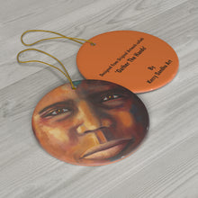 Load image into Gallery viewer, Original artwork front, description on back. Thick high-quality porcelain. 7cm diameter. Comes w/ ribbon by Kerry Sandhu Art