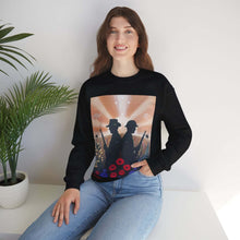Load image into Gallery viewer, Sweatshirt with an Australian and New Zealand soldier back to back with light-horsemen in the background and poppies in the foreground