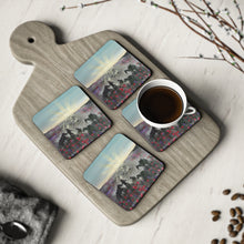 Load image into Gallery viewer, Corkwood underside, glossy finish on top. 1 or 4 pc sets. 9.5 x 9.5cm. ANZAC Soldier & animals walking through poppy field