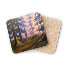 Load image into Gallery viewer, Corkwood underside, glossy finish on top. 1 or 4 pc sets. 9.5 x 9.5cm. Sunset scene in a pine forest, Sun rays & colours
