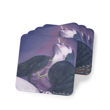 Load image into Gallery viewer, Corkwood underside, glossy finish on top. 1 or 4pc sets. 9.5x9.5cm. Sexy woman reclining, fur coat, beads, cigarette in mouth
