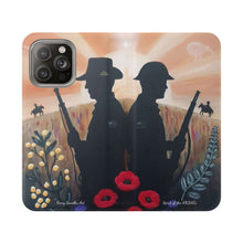 Load image into Gallery viewer, Phone case wallet with an Australian and New Zealand soldier back to back with light-horsemen in the background and poppies in the foreground