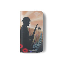 Load image into Gallery viewer, Phone case wallet with an Australian and New Zealand soldier back to back with light-horsemen in the background and poppies in the foreground