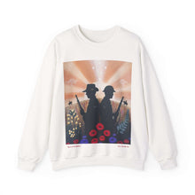 Load image into Gallery viewer, Sweatshirt with an Australian and New Zealand soldier back to back with light-horsemen in the background and poppies in the foreground