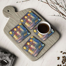 Load image into Gallery viewer, Corkwood underside, glossy finish on top. 1 or 4 pc sets. 9.5 x 9.5cm. Park bench under street lights with water reflections