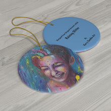 Load image into Gallery viewer, Original artwork front, description on back. Thick high-quality porcelain. 7cm diameter. Comes w/ ribbon by Kerry Sandhu Art