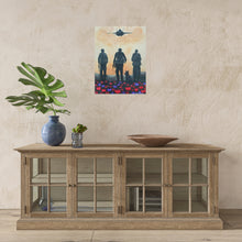Load image into Gallery viewer, Original Artwork painted ANZAC Day 2023. 3 soldiers & a dog walking through red & purple poppies with an F-18 jet flying over