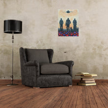 Load image into Gallery viewer, Original Artwork painted ANZAC Day 2023. 3 soldiers & a dog walking through red & purple poppies with an F-18 jet flying over
