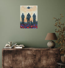 Load image into Gallery viewer, Original Artwork painted ANZAC Day 2023. 3 soldiers & a dog walking through red & purple poppies with an F-18 jet flying over