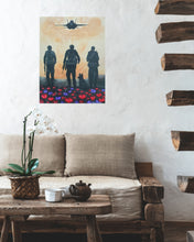 Load image into Gallery viewer, Original Artwork painted ANZAC Day 2023. 3 soldiers & a dog walking through red & purple poppies with an F-18 jet flying over