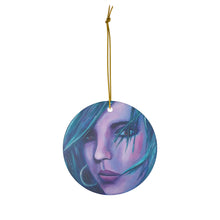 Load image into Gallery viewer, Original artwork front, description on back. Thick high-quality porcelain. 7cm diameter. Comes w/ ribbon by Kerry Sandhu Art