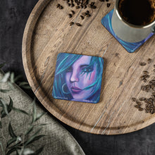 Load image into Gallery viewer, Corkwood underside, glossy finish on top. 1 or 4pc sets. 9.5x9.5cm. Portrait of a sassy female looking back over her shoulder