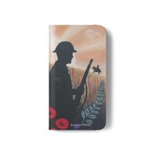 Load image into Gallery viewer, Phone case wallet with an Australian and New Zealand soldier back to back with light-horsemen in the background and poppies in the foreground