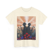 Load image into Gallery viewer, T-shirt with an Australian and New Zealand soldier back to back with light-horsemen in the background and poppies in the foreground