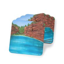 Load image into Gallery viewer, Corkwood underside, glossy finish on top. 1 or 4 pc sets. 9.5x9.5cm. Fortescue Falls in the Pilbara Region Western Australia