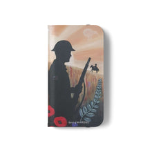 Load image into Gallery viewer, Phone case wallet with an Australian and New Zealand soldier back to back with light-horsemen in the background and poppies in the foreground