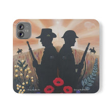 Load image into Gallery viewer, Phone case wallet with an Australian and New Zealand soldier back to back with light-horsemen in the background and poppies in the foreground