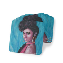 Load image into Gallery viewer, Corkwood underside, glossy finish on top. 1 or 4 pc sets. 9.5 x 9.5cm. Portrait of a beautiful female w/ turquoise flames