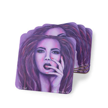 Load image into Gallery viewer, Corkwood underside, glossy finish on top. 1 or 4 pc sets. 9.5x9.5cm. Sensual portrait of a woman with her fingers on her face