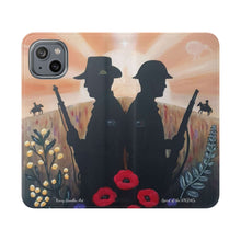Load image into Gallery viewer, Phone case wallet with an Australian and New Zealand soldier back to back with light-horsemen in the background and poppies in the foreground