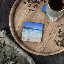 Load image into Gallery viewer, Corkwood underside, glossy finish on top. 1 or 4 pc sets. 9.5x9.5cm. Kangaroos on Lucky Bay Beach Esperance Western Australia