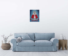 Load image into Gallery viewer, Original Artwork painted ANZAC Day 2024. WWI Nurse in a red cape holding a bowl with the word devotion underneath w/ one purple & two red poppies, blue background.