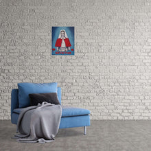 Load image into Gallery viewer, Original Artwork painted ANZAC Day 2024. WWI Nurse in a red cape holding a bowl with the word devotion underneath w/ one purple & two red poppies, blue background.