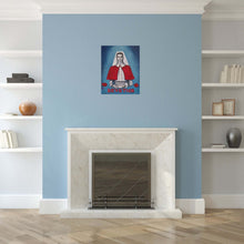 Load image into Gallery viewer, Original Artwork painted ANZAC Day 2024. WWI Nurse in a red cape holding a bowl with the word devotion underneath w/ one purple & two red poppies, blue background.