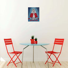 Load image into Gallery viewer, Original Artwork painted ANZAC Day 2024. WWI Nurse in a red cape holding a bowl with the word devotion underneath w/ one purple & two red poppies, blue background.