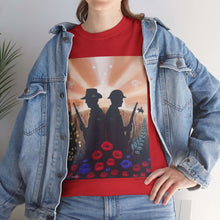 Load image into Gallery viewer, T-shirt with an Australian and New Zealand soldier back to back with light-horsemen in the background and poppies in the foreground