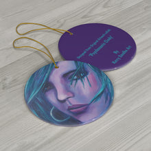 Load image into Gallery viewer, Original artwork front, description on back. Thick high-quality porcelain. 7cm diameter. Comes w/ ribbon by Kerry Sandhu Art