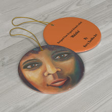 Load image into Gallery viewer, Original artwork front, description on back. Thick high-quality porcelain. 7cm diameter. Comes w/ ribbon by Kerry Sandhu Art