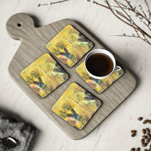 Load image into Gallery viewer, Corkwood underside, glossy finish on top. 1 or 4 pc sets. 9.5 x 9.5cm. Impressionistic painting of grass trees