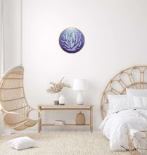 Load image into Gallery viewer, 'The Light'. Beautiful textured white feathers cascading down through light rays, on a round canvas by Kerry Sandhu Art