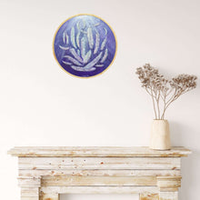 Load image into Gallery viewer, 'The Light'. Beautiful textured white feathers cascading down through light rays, on a round canvas by Kerry Sandhu Art