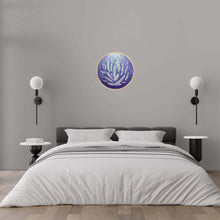 Load image into Gallery viewer, 'The Light'. Beautiful textured white feathers cascading down through light rays, on a round canvas by Kerry Sandhu Art